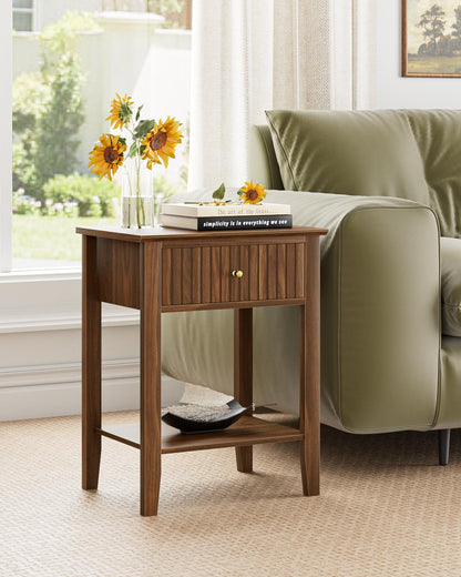 Apetaccat Fluted Nightstand, Farmhouse Night Stand with 1 Drawers, Mid Century Modern Side Accent Table,Bedside End Table for Bedroom, Living Room, Brown