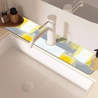 Grey and Yellow Abstract Kitchen Sink Splash Guard Mat Absorbent Fast Drying