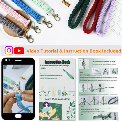suo long Macrame Kits for Adults Beginner to Make 8 Macrame Keychain with 3mm Yarn Premeasured, Metal Key Ring,Instruction Book for Starter Adults DIY Craft Kit