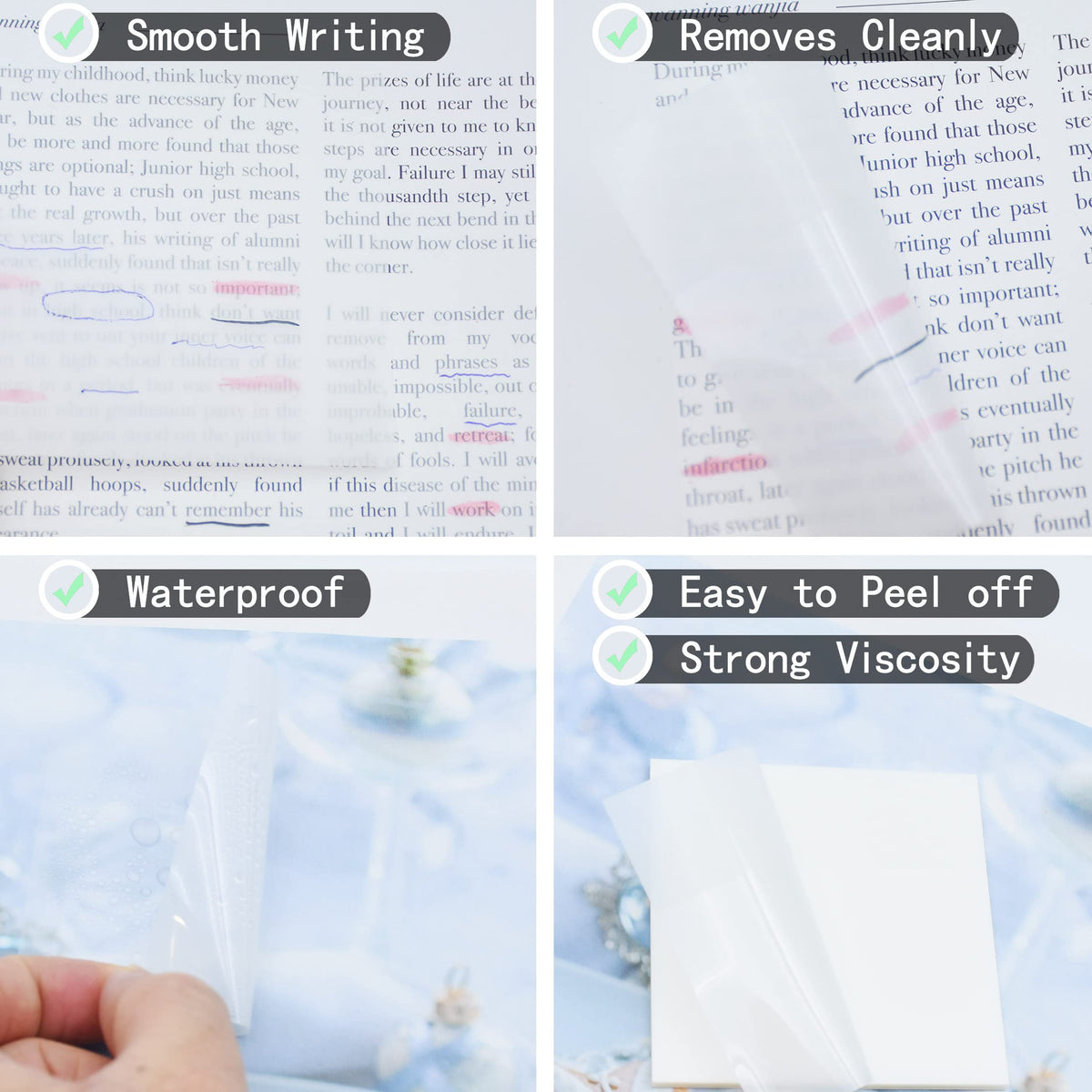 YOUDEFUL 800Pcs Transparent Sticky Notes, 3"x3" Clear Sticky Notes, Waterproof Translucent Sticky Note Pads for Books Annotation, Clear Post it Notes for Bible Study, School, Office（White）