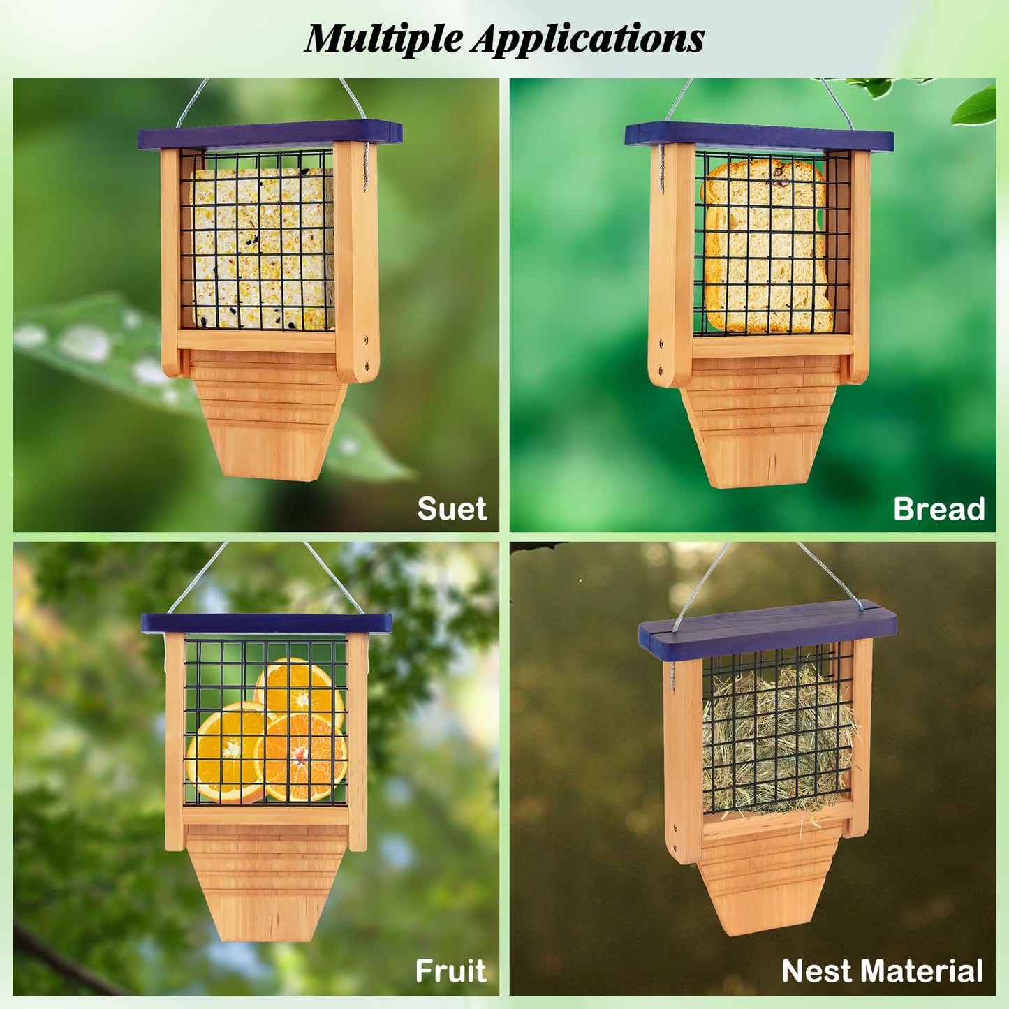 Gbekery Wooden Suet Bird Feeder for Outside Hanging, Woodpecker Suet Feeder with Tail Prop, Hanging Bird Feeder for Wild Birds, 1 Pack, Blue