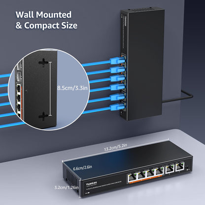 10Gb Ethernet Switch Unmanaged with 2 x 10Gbe RJ45 Ports, 4 x 2.5G Base-T Ports, Plug and Play, VLAN, Wall Mount, YuanLey 6-Port 10 Gigabit Network Switch with Metal Case Fanless