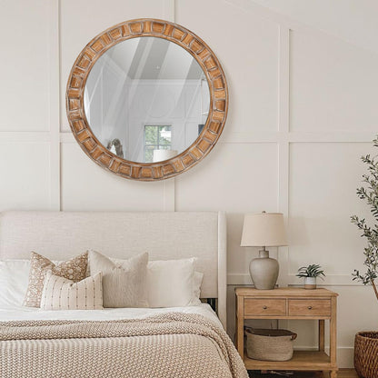 XGGJWW 30 Inch Brown Solid Wood Round Wall Mirrors, Decorative Circle Mirror for Bathroom, Bedroom, Living Room, Hallway, Foyer, Entryway