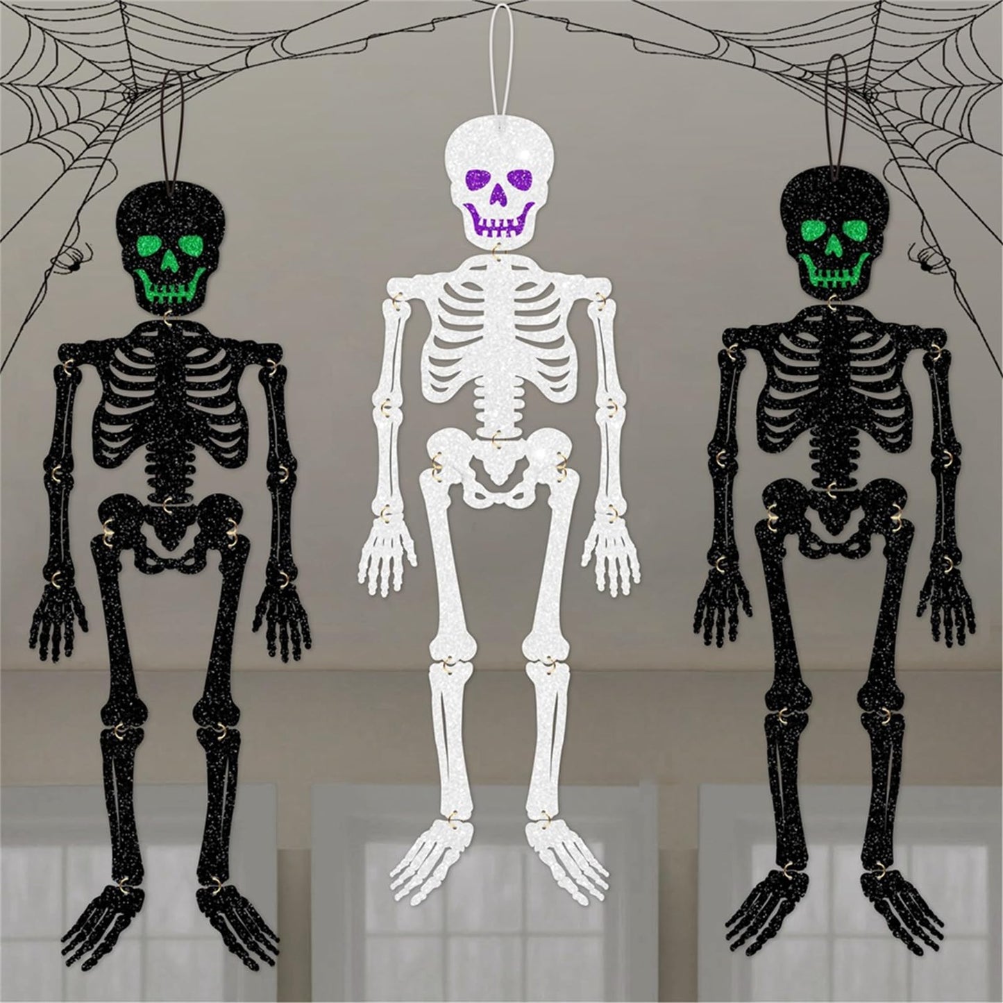 3 Pcs Skeletons Halloween Party Decorations, DIY Glitter Paper Decorative Hanging Ornaments, Room Wall Curtain Decor, Photo Backdrop