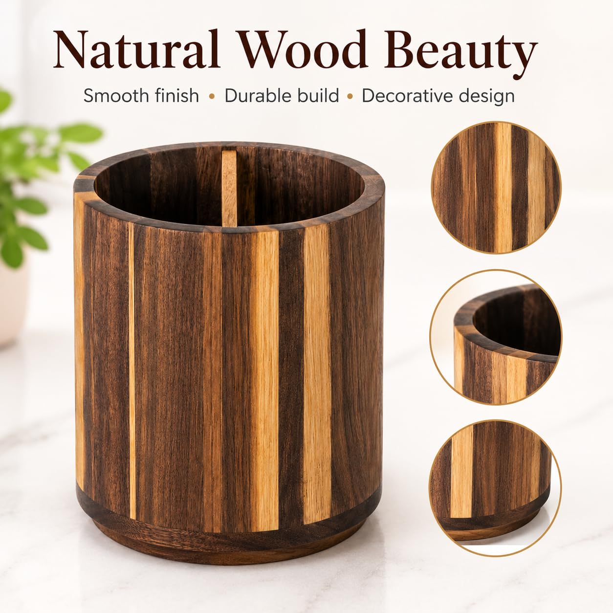 7.5x6.8Inch Large Acacia Wood 360° Rotating Utensil Holder, Round Wooden Kitchen Organizer with Center Divider, Wood Desk Pen Holder, Makeup Brush Holder, Countertop Storage Caddy for Kitchen, Office