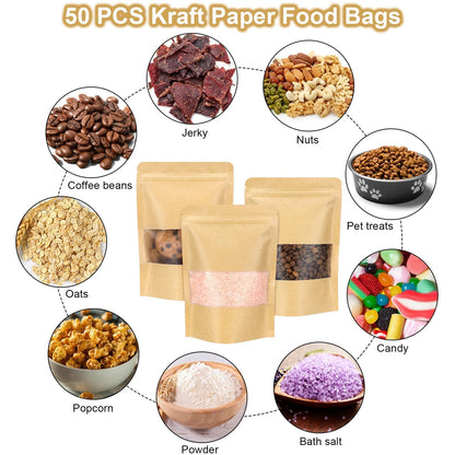 Blisstime Stand Up Pouches, 50 Pack Kraft Paper Bags with Matte Window and Tear Notch Resealable Bags for Small Business Home Use (4.8 x 6.5 Inches)