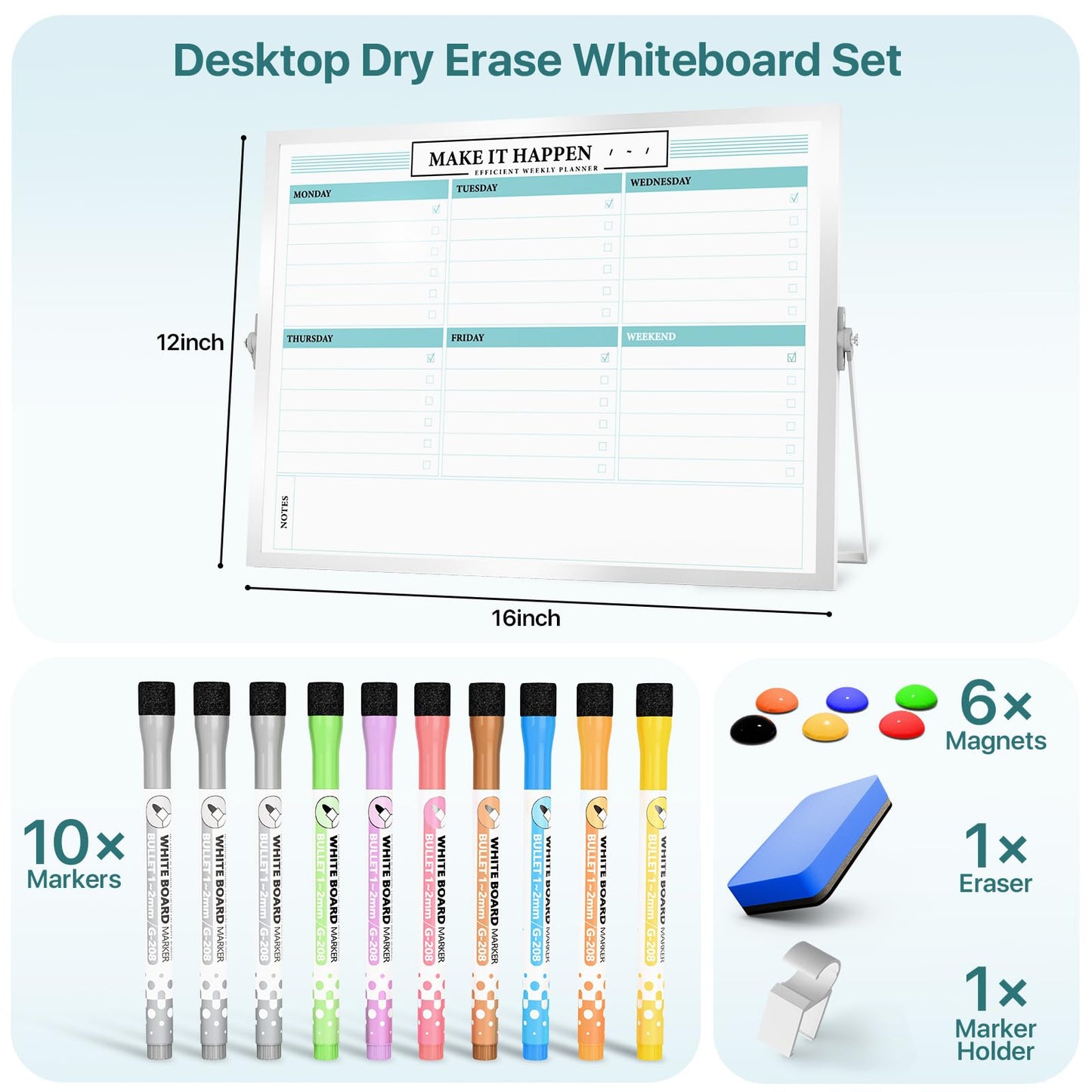Marsrock Dry Erase White Board with Stand,Double-Sided Weekly Whiteboard 16"x12",10 Markers,6 Magnets,1 Eraser,Portable Desktop Whiteboard for Planning,Weekly Schedule Board for Office