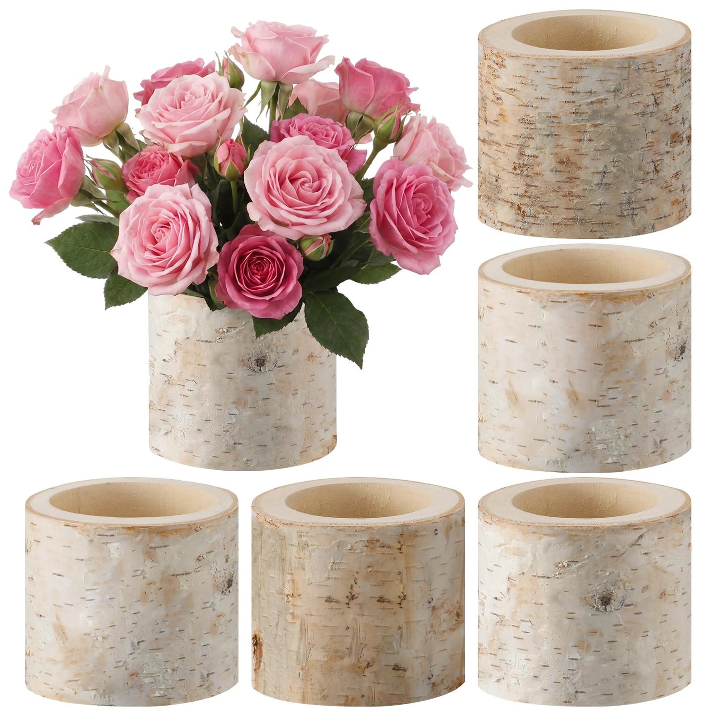 Acellegic 6 Pcs Natural Birch Vase Wooden Vase Natural Birch Bark Flower Pots Country Style Wood Planter for Garden Wedding Party Window Home Farmhouse Centerpieces