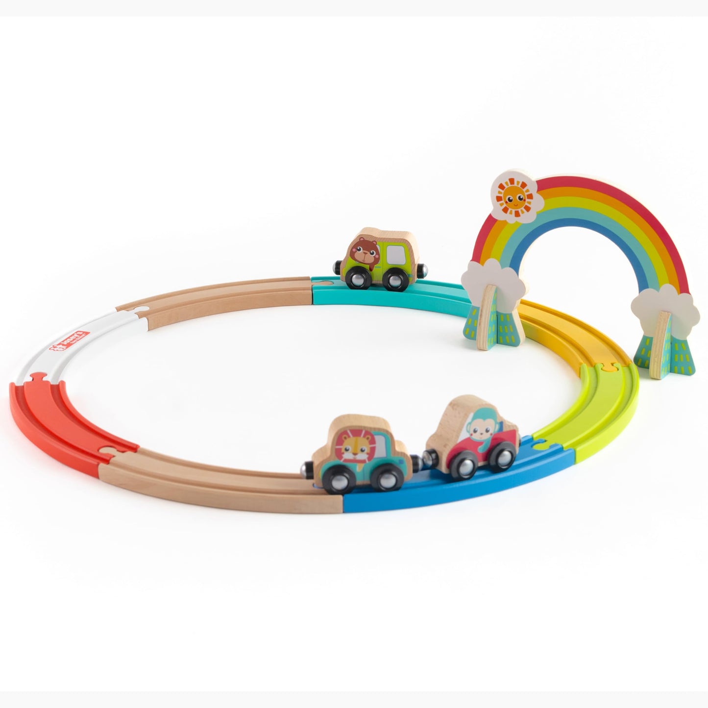 Jasey's Toy Chest Animal Friends Wooden Train Set | 12-Piece Set with Animal Cars, Rainbow Arch and Interlocking Track Pieces | Compatible with Other Wooden Train Sets | for Toddlers Ages 12+ Months