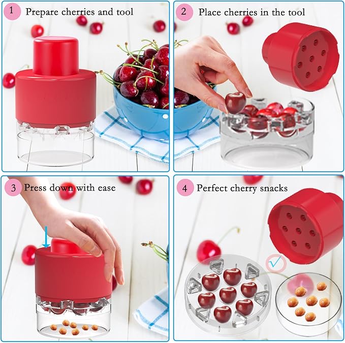 7-in-1 Cherry Pitter Tool,Multi-Function Pitting Tool, Portable Cherries Corer Stoner Seed Tool with Lock Design, Fruit Pit Remover for Cherry Jam (Wine Red)