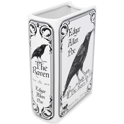 Steel Mill & Co Original Large Book-Shaped Decorative Vase, Ceramic Vases for Home Decor, Gothic Bookshelf Decor, Unique Vase for Book Lovers (The Raven - White)