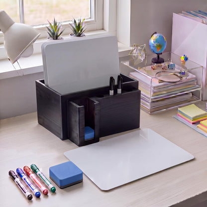 Novabright 10" x 9.75" x 6" Classroom Dry Erase Lapboard Storage Wooden Black Whiteboard Organizer hold up 6 dry erase board 6 Slot Pen 6 Erasers Storage for Desktop School, Office and Home, Classroom