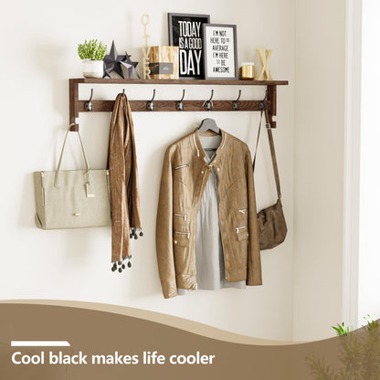 AMBIRD Coat Rack Wall Mount, 35 Inch Extra Long Wall Hooks with Hanging, Wooden Shelf with 7 Metal Hooks 2 Side Hooks, Wall Key Holder with Shelf in Entryway, Kitchen, Bathroom, Living Room, Bedroom