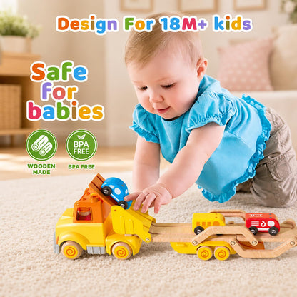 Toddler Car Toys for 2 3 4 5 Years Old Kids, Transport Carrier Truck Toy with 4 Wooden Vehicle, 24IN Foldable Track Trailer with Light & Sound Effects, Best Gift Choice for Christmas, Birthday