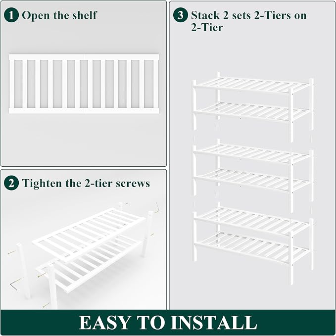 Smiry Bamboo Shoe Rack, 6 Tier Free Standing Wooden Shoe Organizer, Stackable Wood Shoe Storage Shelf for Closet, Entryway, 14 Vertical Slats, 2+2+2 Stack Heavy-Duty Legs, 26.8"x11"x39", White