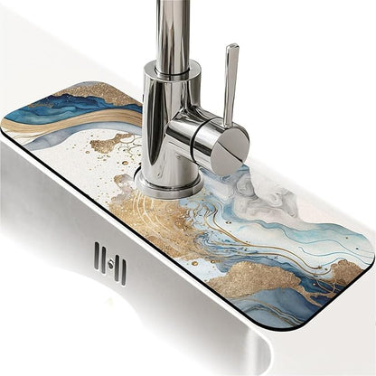 Kitchen Sink Splash Guard，Natural blue and gold marble Faucet Mat Sink