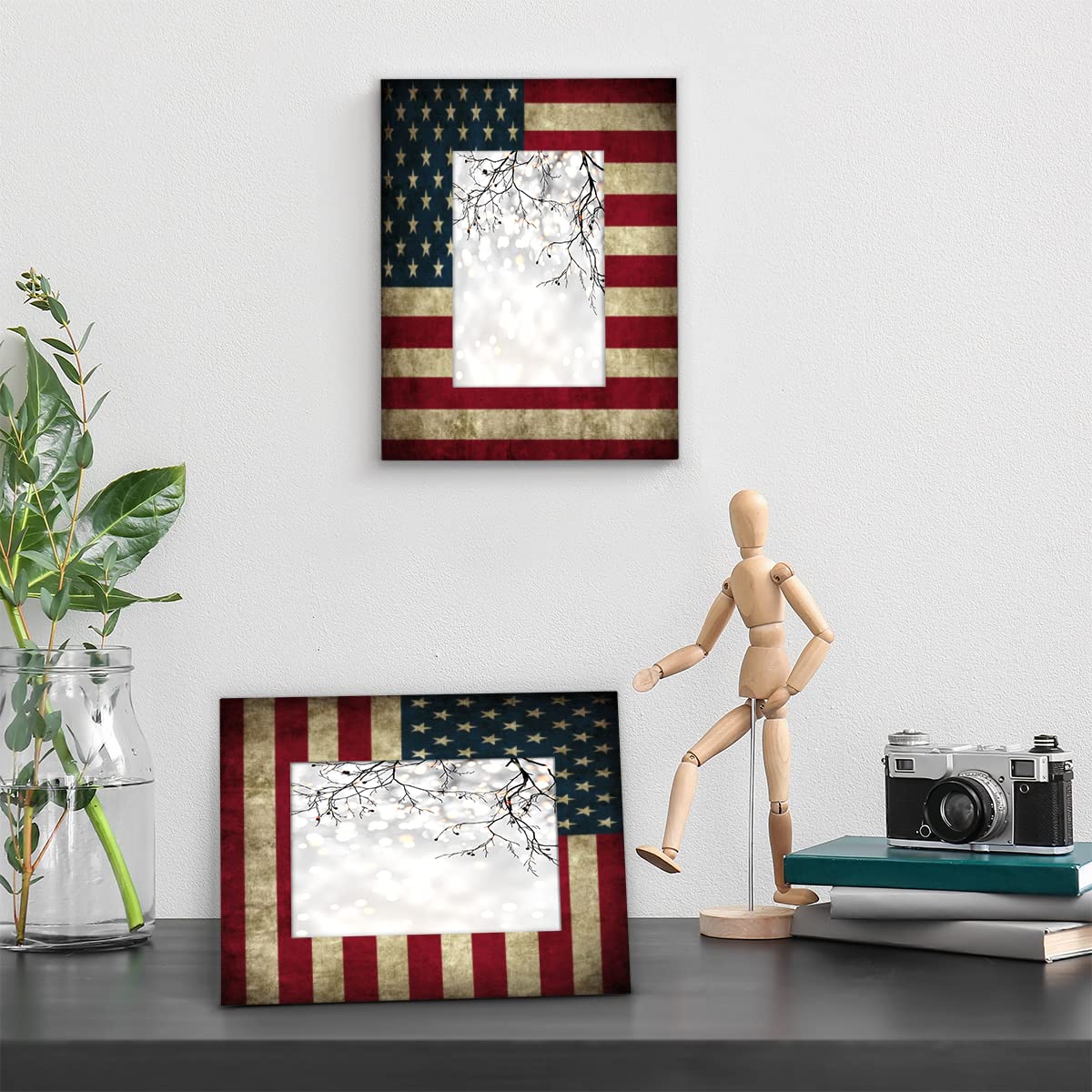 FengQuGou 4 x 6 in Picture Frame America Usa Flag, Rustic Solid Wood With Mat Wooden Photo Frames, Photo Frames for Wall Mounting or Standing Table Top Family Baby Grandma Office Hotel Decoration