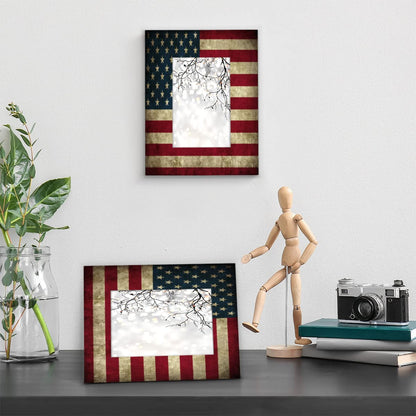 FengQuGou 4 x 6 in Picture Frame America Usa Flag, Rustic Solid Wood With Mat Wooden Photo Frames, Photo Frames for Wall Mounting or Standing Table Top Family Baby Grandma Office Hotel Decoration