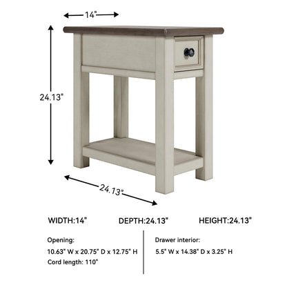 Signature Design by Ashley Bolanburg Chairside End Table With Charging Station, Two-Tone Wood Accent Table With Drawer Storage, Plank Top Design for Living Room or Bedroom, Antique White