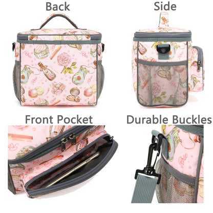 FlowFly Insulated Reusable Lunch Bag Adult Large Lunch Box for Women and Men with Adjustable Shoulder Strap,Front Zipper Pocket and Dual Large Mesh Side Pockets,Rose