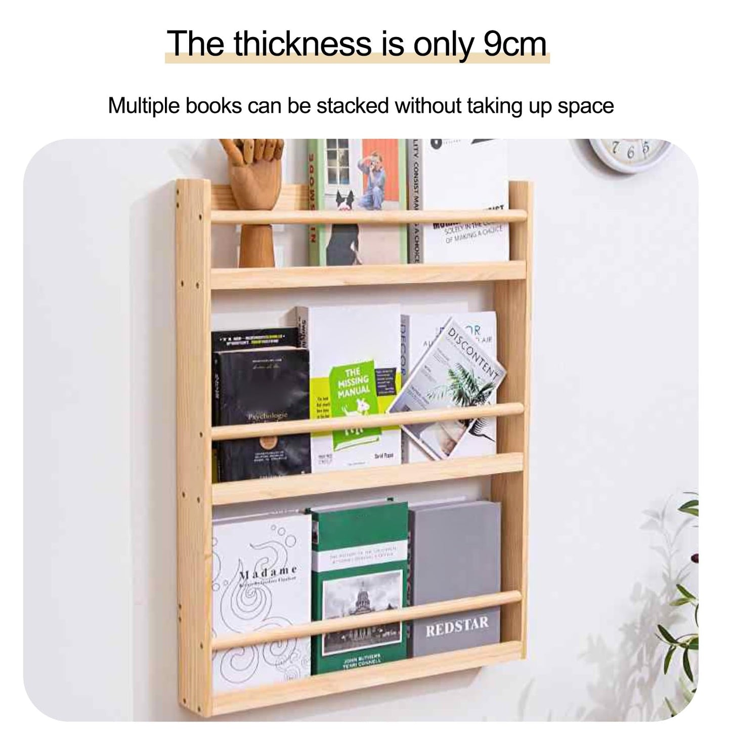 Hanging Bookshelf Magazine Rack - Wooden Magazine Holder with 3 Pockets, Folder Organizer Bin for Magazines, Books, and Newspapers - Literature Storage Solution