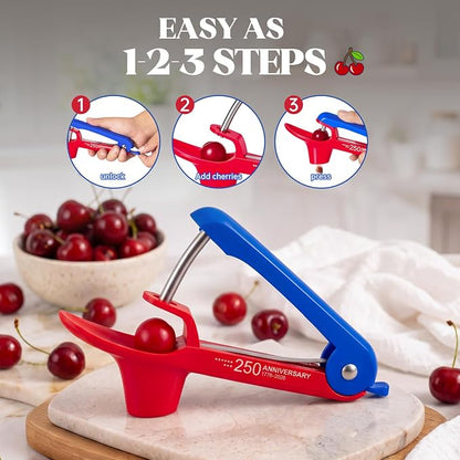 Cherry Pitter - UCMORX Stainless Steel Cherries Pitter Tool Cherries Corer Cherry Remover for Making Cherry Jam with Lock Design(Red&Blue)