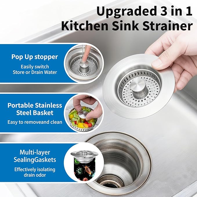 3-in-1 Kitchen Sink Drain Strainer & Sink Stopper 2 Pack : 304 Stainless Steel