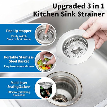 3-in-1 Kitchen Sink Drain Strainer : Pop Up Sink Stopper, 304 Stainless Steel