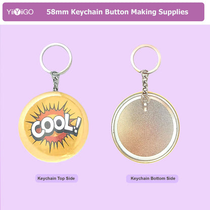 YiiYiiGO Button Maker Keychain Supplies, 50Sets 2.28inch/58mm Keychain Button Making Kit for Pin Maker Machine with Metal Shell Back Cover, Metal Top Cover, Transparent Film