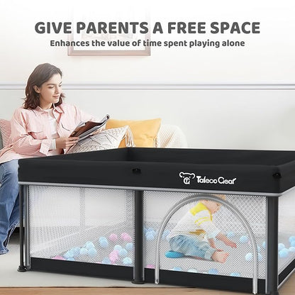 Taleco Gear Foldable Baby Play Pen with Mat, 50''x50'' Playpen for Babies and Toddlers, Playpen for Baby with Gate, Breathable,Foldable Travel Play Pen with 50 Ocean Balls