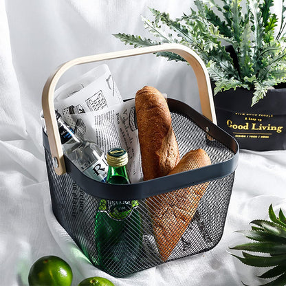 Ymeibe Mesh Steel Storage Organizer Basket Fruit Basket Bin with Wood Handle Ideal for Kitchen Bathroom Picnic Baskets Pantry Cabinets Storage Home Decor (Black)