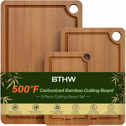 Bamboo Cutting Board for Kitchen – 3-Piece Wooden Boards with Juice Grooves, Side Handles, Non-Slip Mats – Perfect for Meat, Veggies, Fruit – Ideal Kitchen Gift