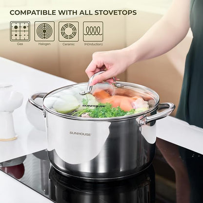 Sunhouse Stock Pot with Lid - 13 QT Large Pot for Cooking Pasta, Soup, Spaghetti - Impact Bonding Base Big Stainless Steel Pots for Canning, Boiling - Oven Safe & Induction Compatible Cookware