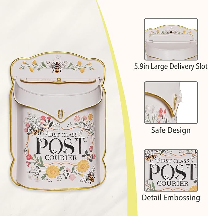 Wall Mount Mailbox for Outside Vintage Mail Boxes for House Outside Metal Door Mailbox Drop Box Antique Style Nostalgic Charm Home Decorative, Flower Pattern, Pink