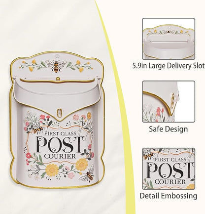 Wall Mount Mailbox for Outside Vintage Mail Boxes for House Outside Metal Door Mailbox Drop Box Antique Style Nostalgic Charm Home Decorative, Flower Pattern, Pink