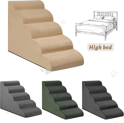 Aodisman 5-Step Dog Stairs and Ramp for High Bed, Non-Slip Sturdy Pet Steps for Small Dogs and Cats,22.2" H,Khaki