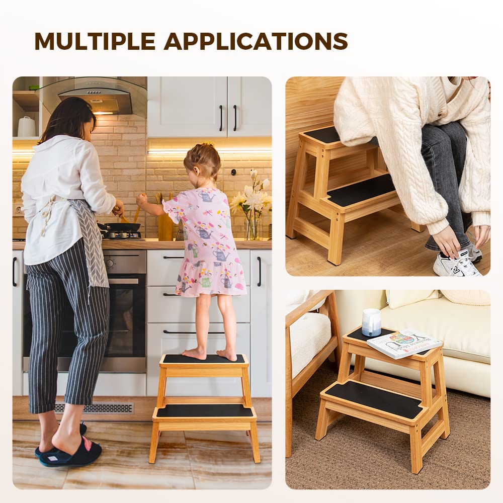 StrongTek 17″ Step Stool & 7″ Adjustable Foot Rest Set, Heavy-Duty Two-Step Wooden Stool (500 lb) + 3-Level Under-Desk Foot Stool, Non-Slip Support for Kitchen, Bed & Office