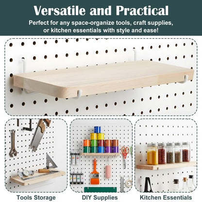 2 Pack Pegboard Shelves, Solid Wood Wall Shelf with Hooks, Solid Wood Pegboard Shelf, High Balance and No tilt, Wooden Pegboard Shelves for Metal Pegboard, Organizer Accessories for Home & Office