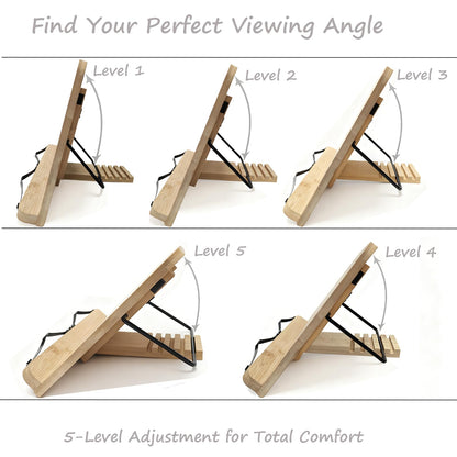 Cookbook Stand for Kitchen Counter, 5-Level Adjustable Elegant Bamboo Recipe Book Holder, All-in-One Design Locks Flat for Easy Storage, Holds 1 inch Thick Books for Cooking, Working, and Studying