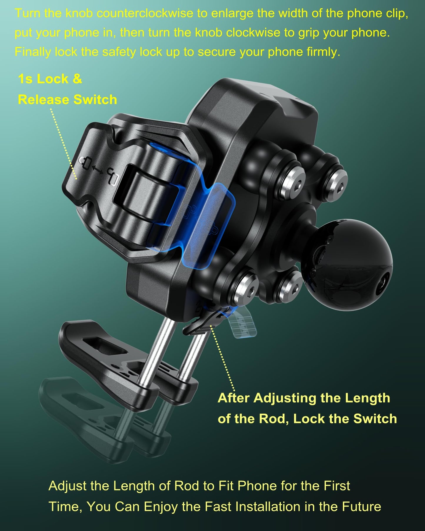 BRCOVAN Anti-Theft Phone Mount Holder with Vibration Dampener [Camera Friendly] [1s Lock & Release] with Aluminum Round Base & Medium Arm, for Car Boat Truck Motorcycle UTV, Fit 5.4-7.2'' Smartphones