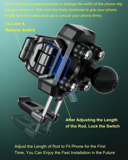 BRCOVAN Anti-Theft Phone Mount Holder with Vibration Dampener [Camera Friendly] [1s Lock & Release] with Aluminum Round Base & Medium Arm, for Car Boat Truck Motorcycle UTV, Fit 5.4-7.2'' Smartphones