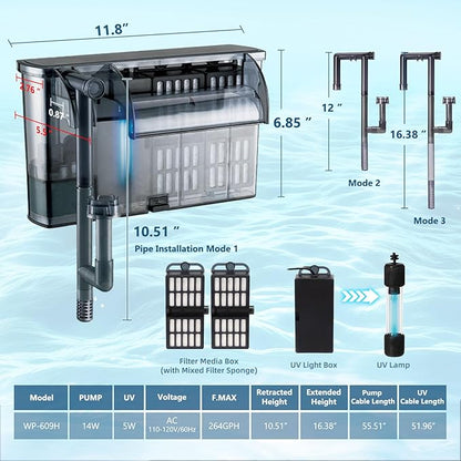 Large Hang on Back Aquarium Filter 264GPH for 20-75 Gal Fish Tank, w/ U-V Light Surface Skimmer 13-Stage Green Killing Deodorization Machine Saltwater Freshwater Crystal Clear Suspension Oxygen