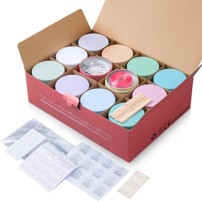 Domivirgo 24 Empty Candle Tins 8 oz with Lids for Making Candles - Simple Candle Making Kit, Include Wicks, Holders & Stickers, Labels, Pink Ribbon,Gift Box & Card and Transparent Bags (Colorful)