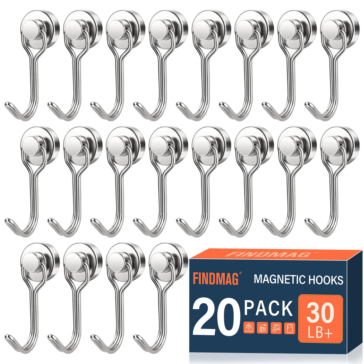 FINDMAG Magnetic Hooks, 30lbs+ Magnetic Hooks Cruise Ship Essentials 2026 Strong Magnet Hooks Heavy Duty, Magnets with Hooks for Fridge, Kitchen, Classroom, Garage, Grill (20 Pack, Silver)