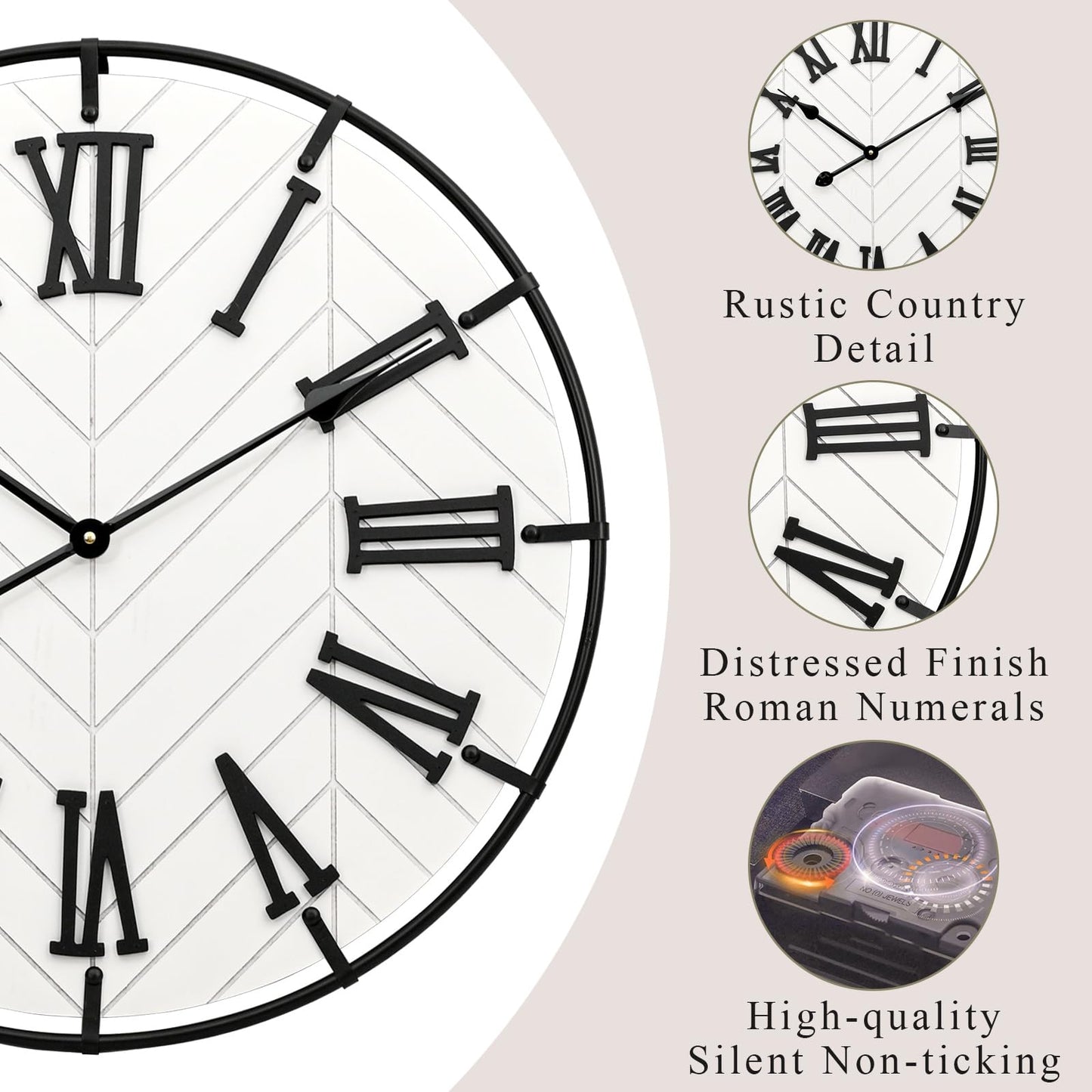 EMAX HOME 24 Inch Large Wooden Wall Clock – Extra Large Farmhouse Wall Clock with 3D Roman Numerals, Modern White Round Wood & Metal Clock for Living Room, Silent & Accurate Timekeeping