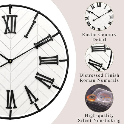 EMAX HOME 24 Inch Large Wooden Wall Clock – Extra Large Farmhouse Wall Clock with 3D Roman Numerals, Modern White Round Wood & Metal Clock for Living Room, Silent & Accurate Timekeeping