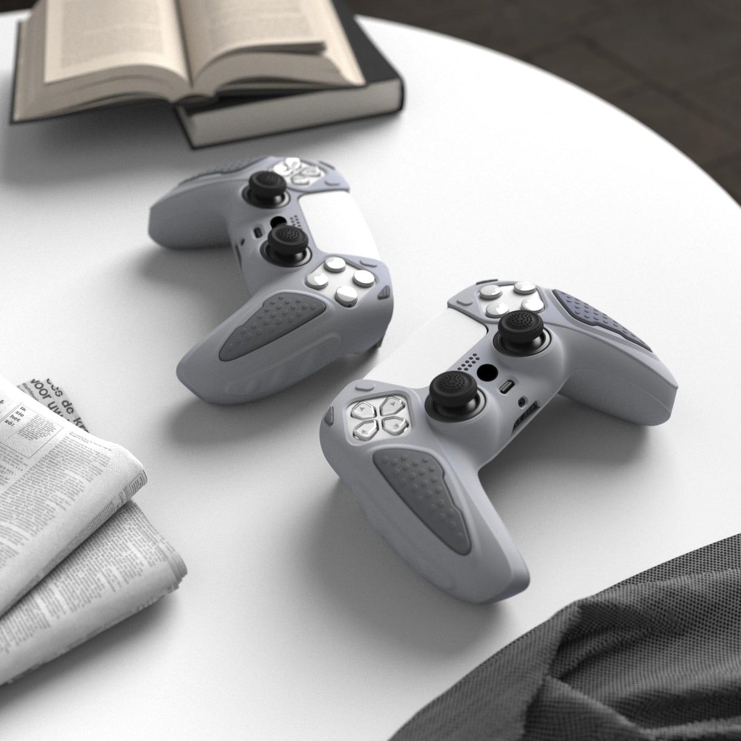 PlayVital Knight Edition Metallic Gray & Dark Gray Two Tone Anti-Slip Silicone Cover Skin for ps5 Controller, Soft Rubber Case for ps5 Wireless Controller with Thumb Grip Caps