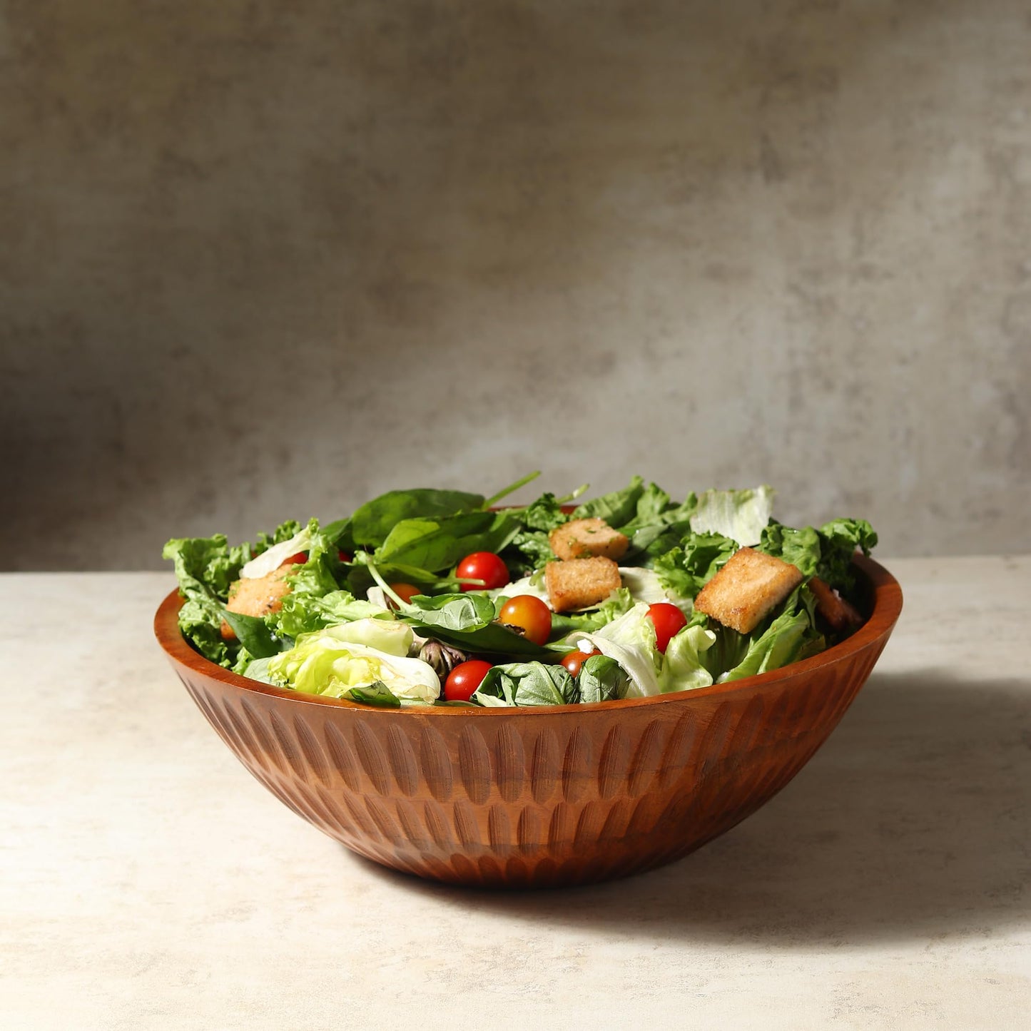 LAVAUK 12" x 4" Wood bowl with hand carved pattern | 4.3 quarts capacity | wooden bowl for food, serving salads, pasta, cereal or popcorn | kitchen counter centerpiece bowl for fruits |