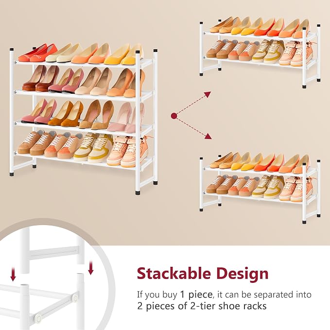 Tajsoon Expandable Shoe Rack for Closet 4 Tier, 29“-41“Adjustable & Stackable Shoe Shelf Storage, Metal Shoe Rack Organizer for Front Door Entrance, Closet, Garage, Entryway, White