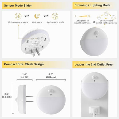 YUNLEX 2 Pack Plug in Red Sleep Night Light with Motion Sensor and Dusk to Dawn Sensor, 3 Modes, Soft Glow, 0% Blue Light True Red, Dimmable, LED Lights for Bedroom, Sleep, Kids, Bathroom, Hallway